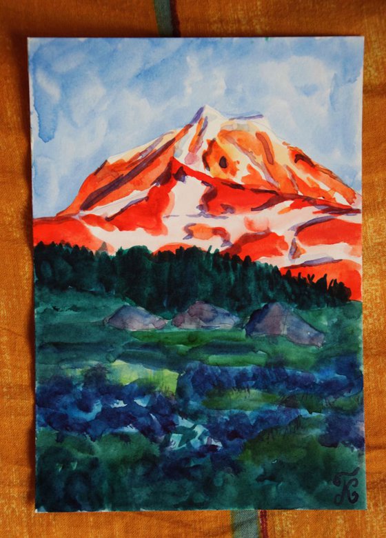 Sunset Mountains small watercolor painting postcard