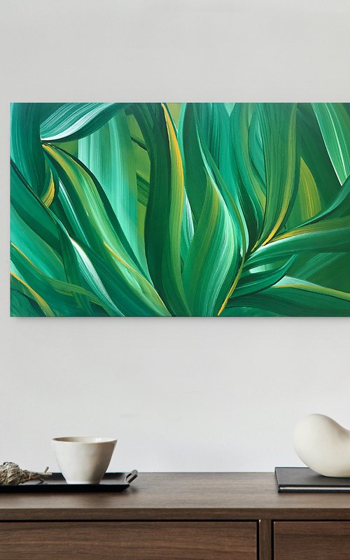 Exotic Leaves Botanical - Green shades, white and yellow,tropical plant by Marina Skromova
