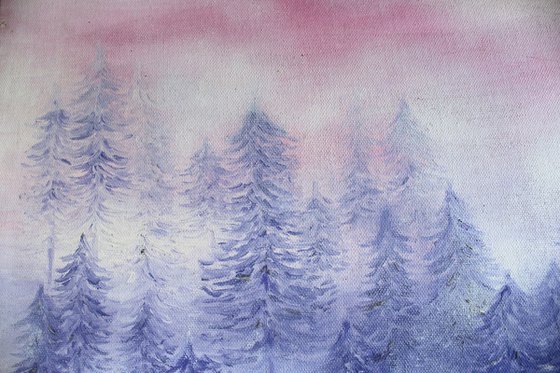 Pink Misty Pine Forest Trees