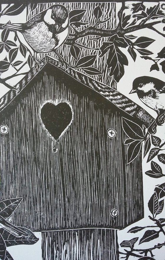 The House Hunters (nesting birds and birdhouse lino print) Framed and ready to hang