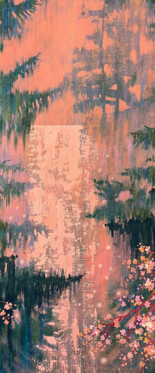 Waterfall among Coniferous Trees and Sakura by Ekaterina Prisich