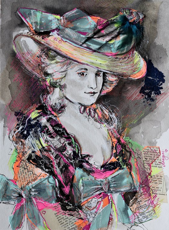Lady Rococo II- Portrait mixed media drawing on paper