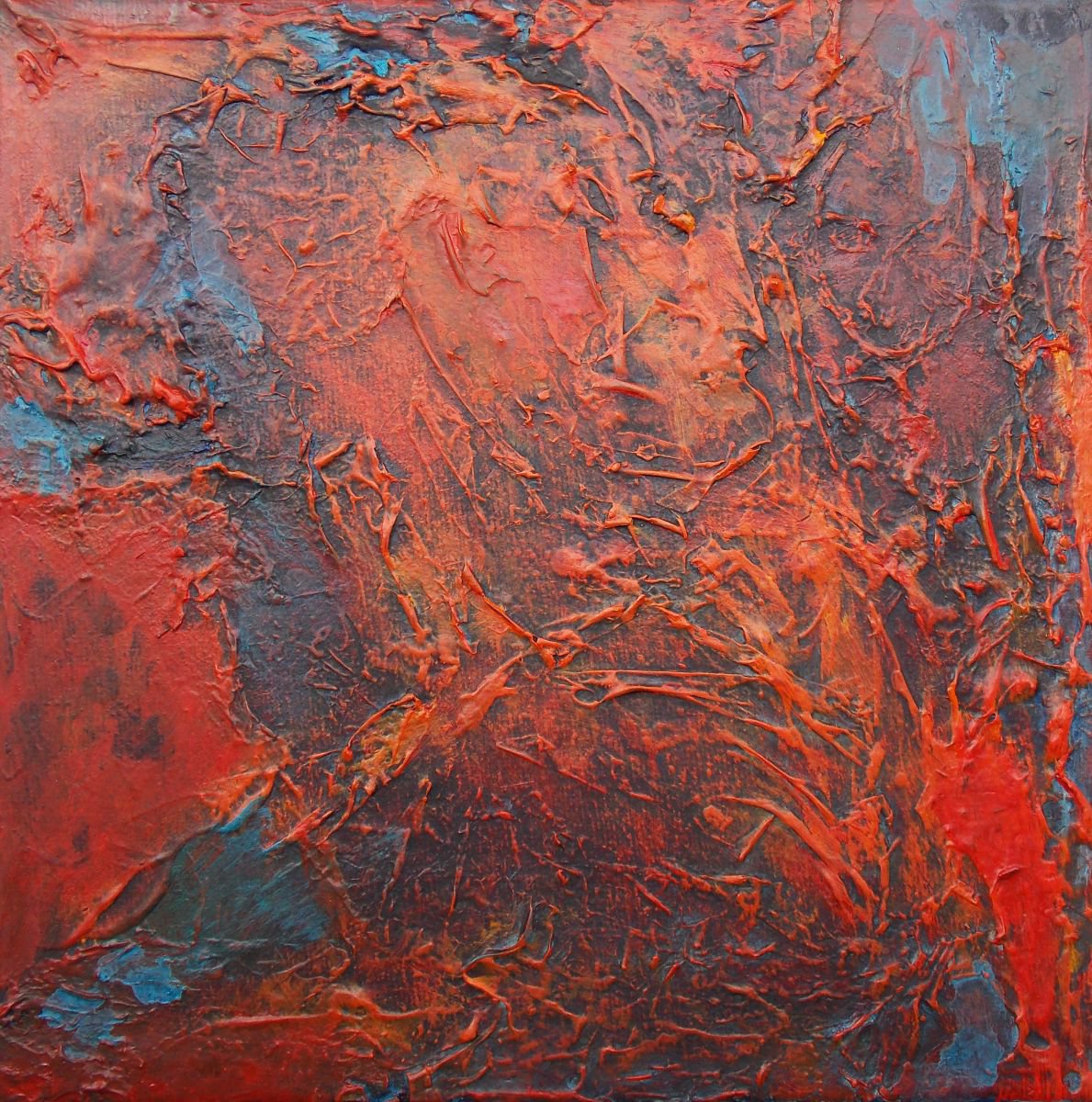 Red Point - Abstract Original Small Painting in Acrylic on Square Canvas, Rich of Textures... by Adriana Vasile