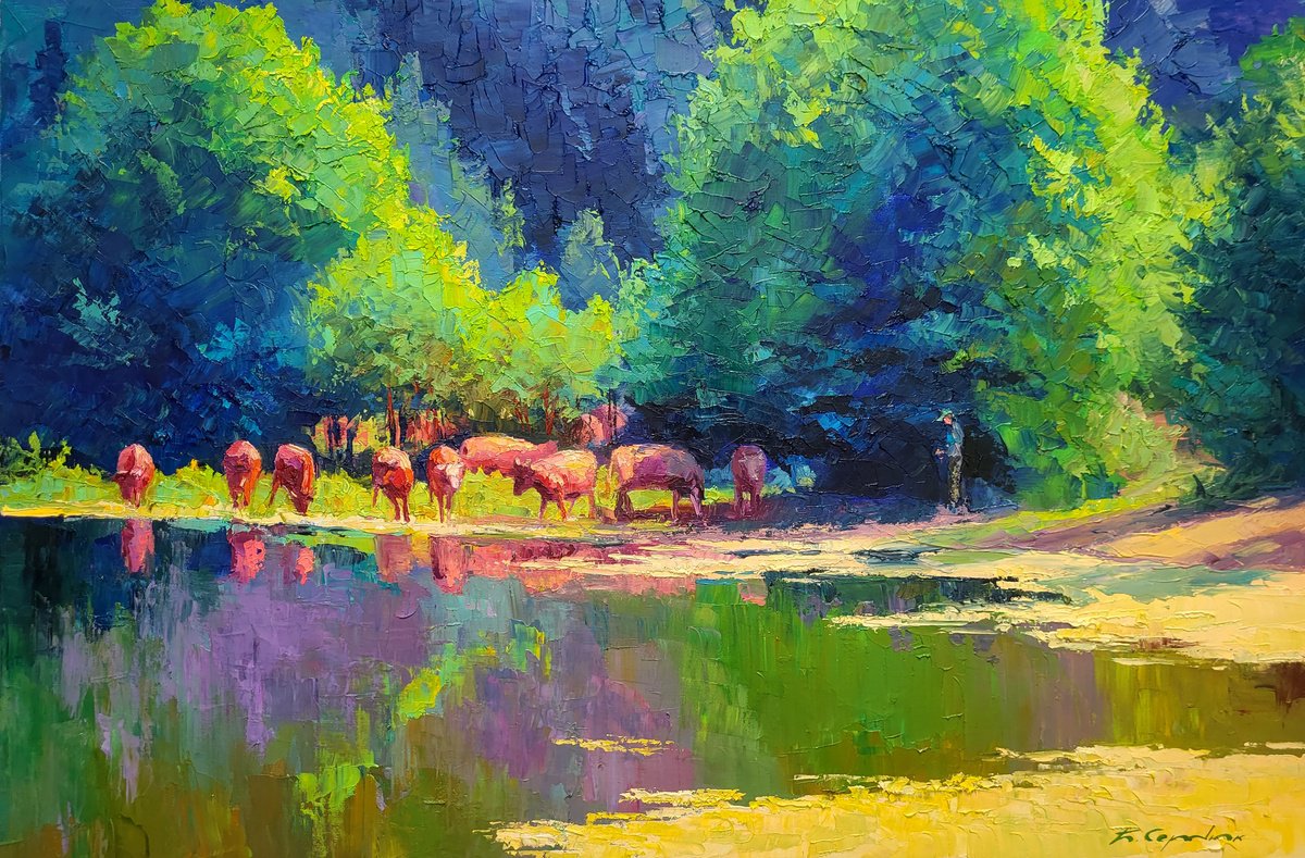 Impressionistic Landscape Oil Painting By Boris Serdyuk, 35 X 24, Herd Of Cows, Original Artwork