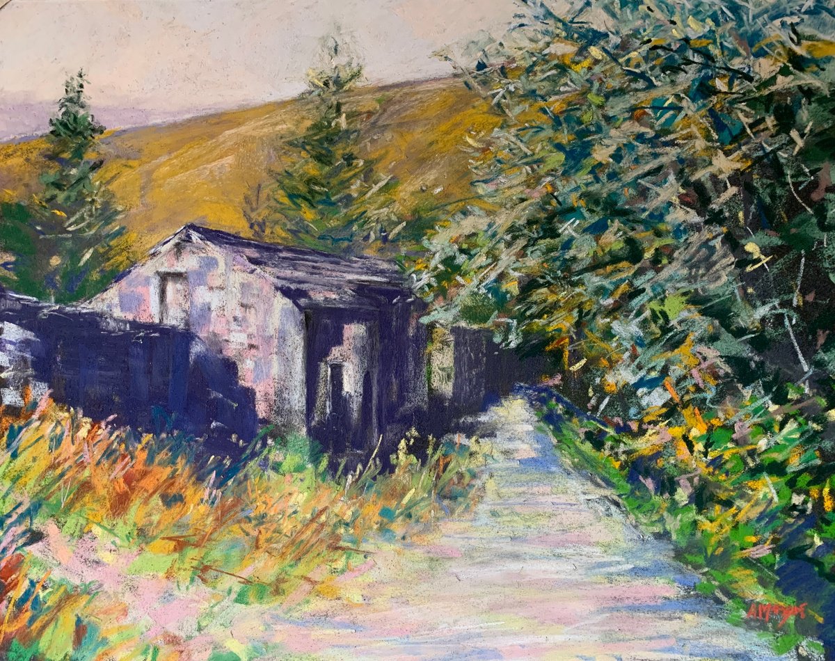 Impressionistic Landscape Pastel Drawing By Andrew Moodie, 18 X 14, Village Pathway, Original Artwork