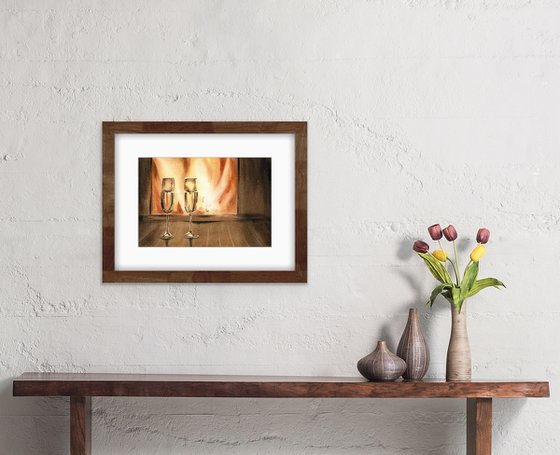 Cozy evening by the fireplace. Two glasses of champagne by the fireplace. Original watercolor artwork.