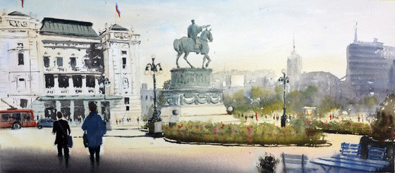 Two silhouettes on old Republic square, Belgrade 23x54cm