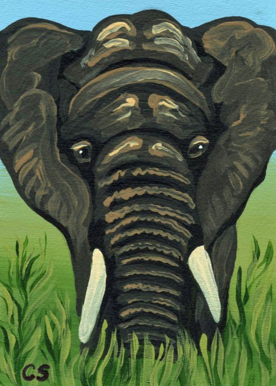 ACEO ATC Original Miniature Painting Elephant Wildlife Art-Carla Smale