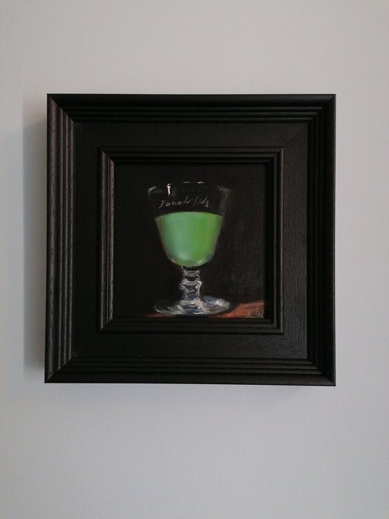 Pernod Absinthe Still Life original oil realism painting, with black wooden frame.