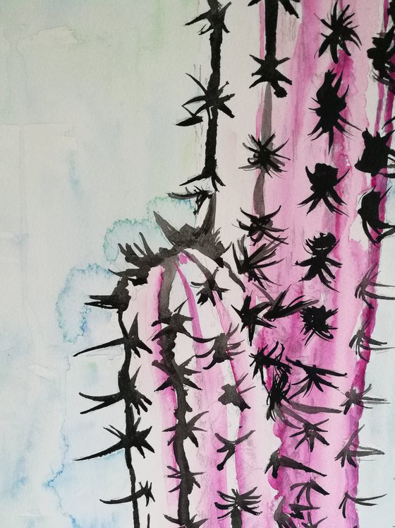 Pink and Spiky  ( pink & black cactus) ( on paper ) Free Shipping