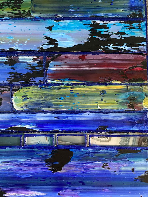 "Cooling It Down" - Original PMS Large Assemblage Sculptural Painting On Wood and Marbled Glass Backsplash Tile - 48 x 24 inches