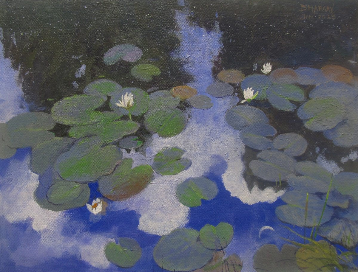 Impressionistic Landscape Acrylic Painting By Bhargavkumar Kulkarni, 15 X 12, The Moon And The Lake, Original Artwork