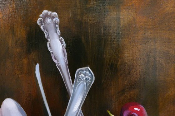 "Still Life with Spoons and Cherry"