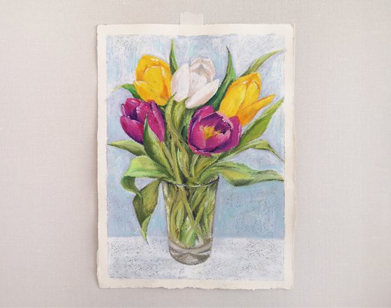 Bright floral bouquet, oil pastel floral painting