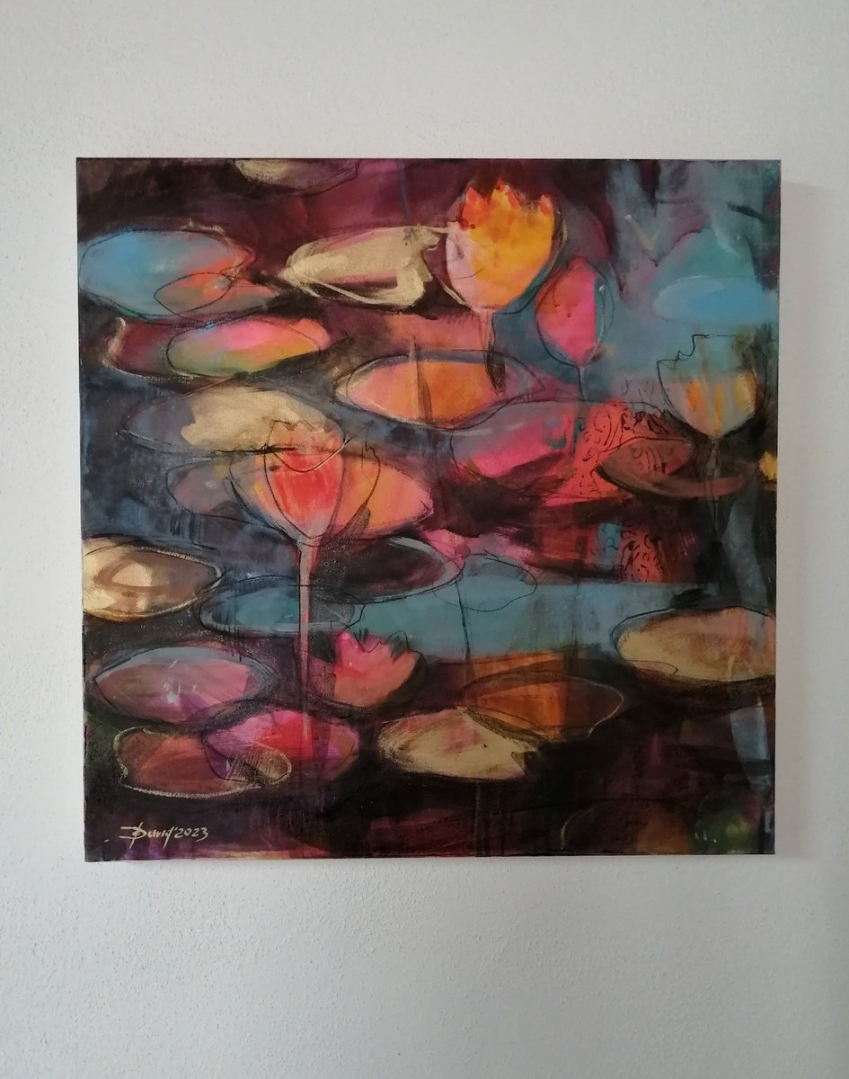 Impressionistic Botanical Acrylic Painting By Olga David, 24 X 24", Charm Of The Water Lily, Original Artwork