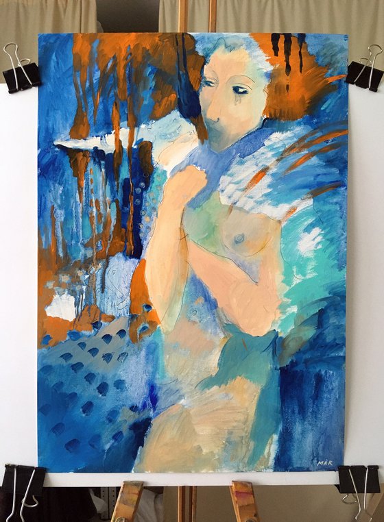 ULTRAMARINE DREAMS - blue and orange wall art with a woman figure and magic creatures gift for her home décor