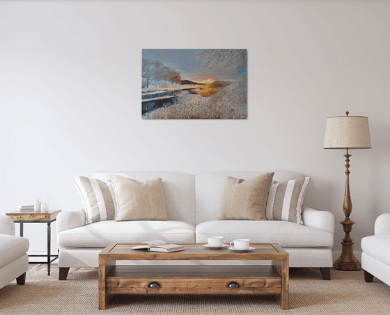 Serene Winter Landscape Art Original Oil Painting, Setting Sun Art Wall, Snow Scene Canvas Art, Calm Artwork for Farmhouse