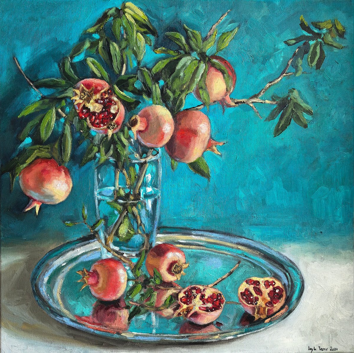 Impressionistic Still Life Oil Painting By Leyla Demir, 24 X 24", Pomegranates Bouquet, Original Artwork