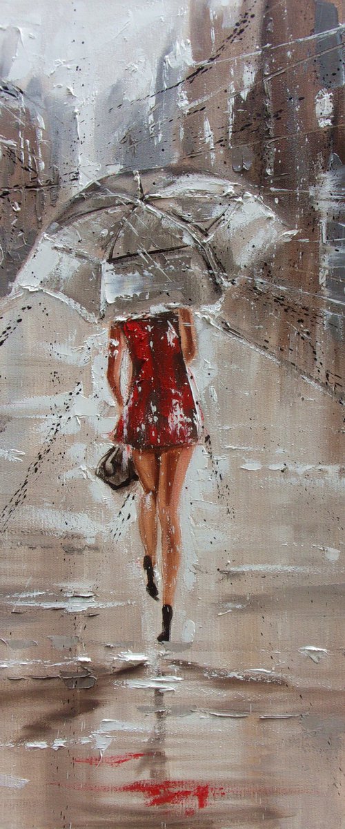 " JULY RAIN "   street spring summer original painting CITY palette knife GIFT by Monika Luniak