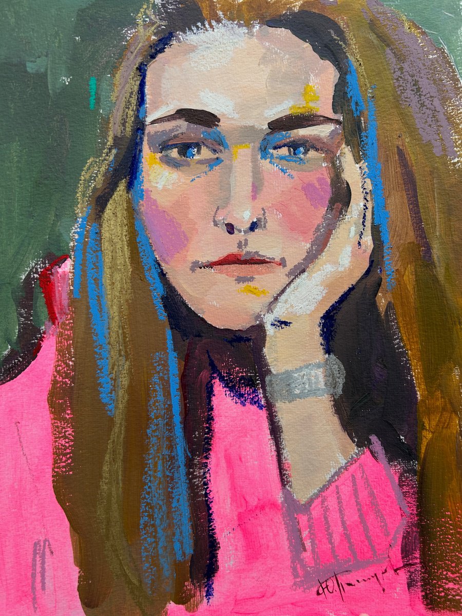 Expressive Portrait Acrylic Painting By Yuliia Pastukhova, 12 X 16", Sick And Tired, Original Artwork