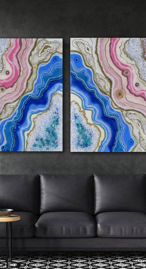 Pink Blue Agate XXL 80 x 200 cm. Diptych Geode Art, wall art, Resin art, Resin painting, Modern art by Alexandra Dobreikin