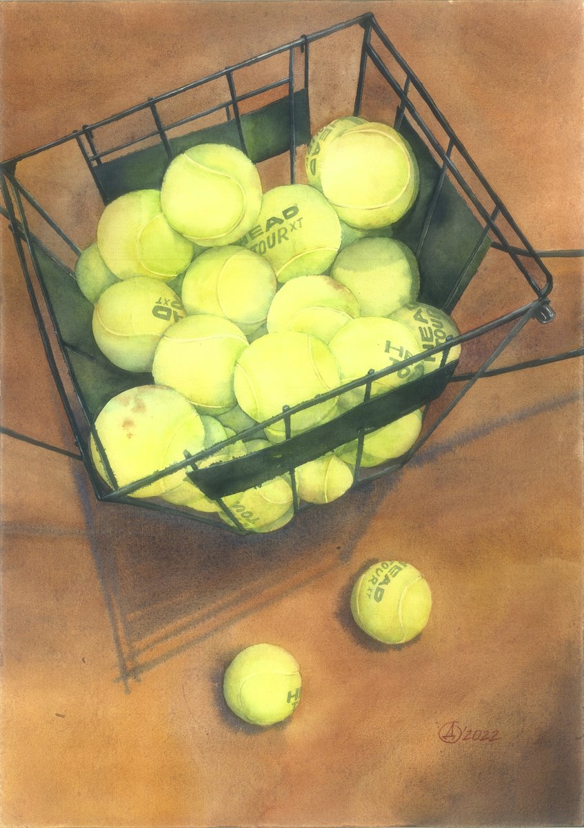Still Life Watercolour By Oksana Duchenchuk, 16 X 24", Tennis Iii, Original Artwork