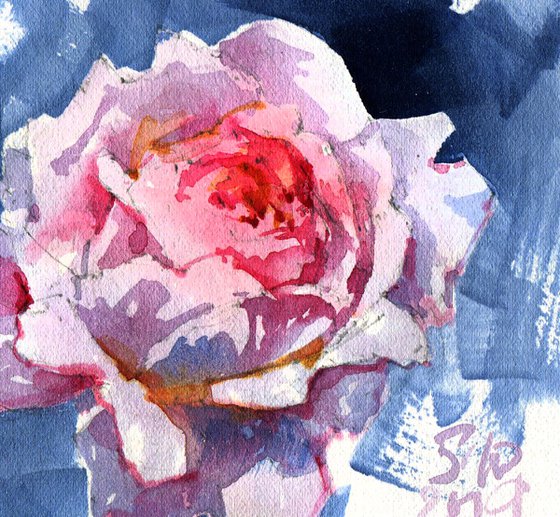 "Space rose" original watercolor small format postcard one light rose flower on a dark blue background