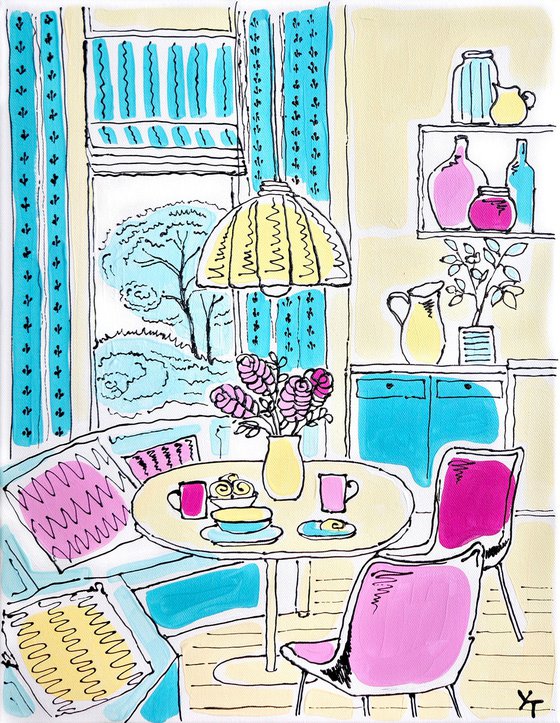Kitchen with a yellow lamp