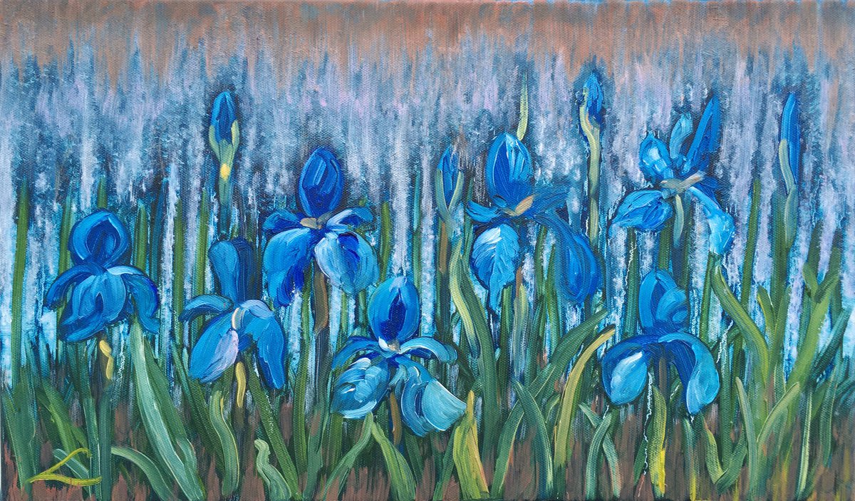 Impressionistic Botanical Oil Painting By Elena Sokolova, 20 X 12, Irises, Original Artwork