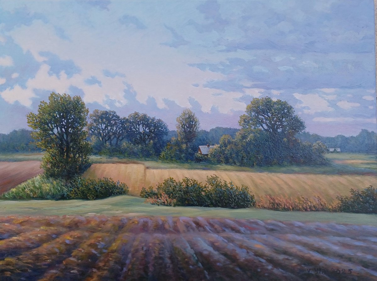 Photorealistic Landscape Oil Painting By Valentinas Yla, 24 X 18", Motif Of The Ending Summer, Original Artwork