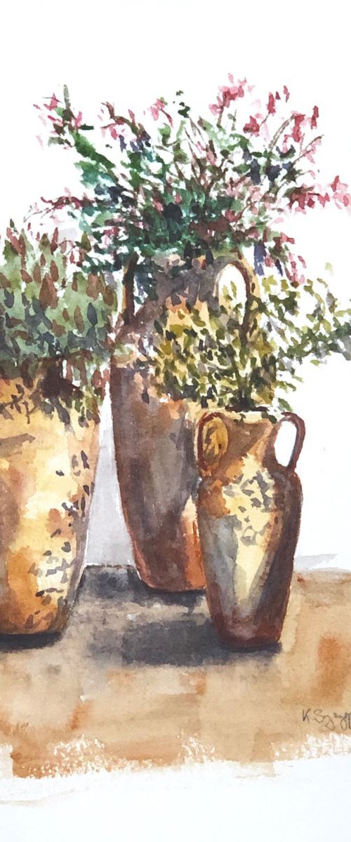 clay amphorae - plein air painting by Krystyna Szczepanowski