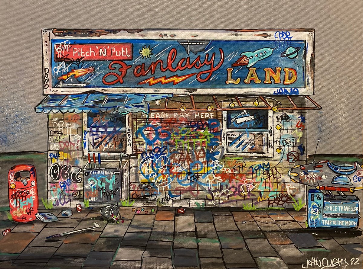 Illustrative Cityscapes Painting By John Curtis, 16 X 12, Fantasy Land, Original Artwork