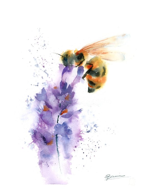 Bee on Lavender  - Original Watercolor Painting