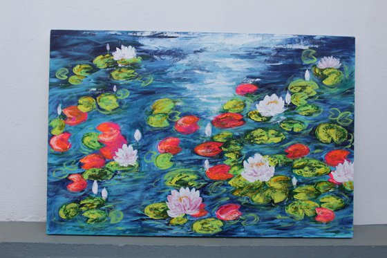 White Lily pond painting - Claude Monet inspired acrylic painting - palette knife -impressionistic - lotus pond -
