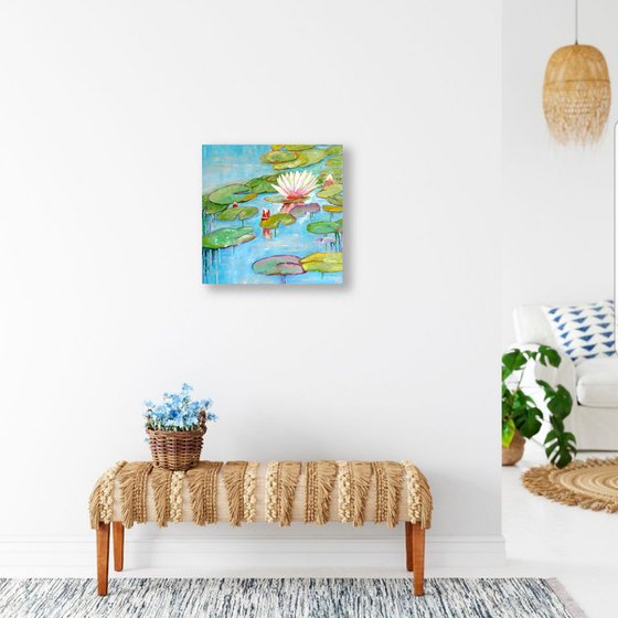 Nympheas 2, Nympheas Water Lily Painting Original Art Lotus Floral Wall Art Monet Pond Landscape, 50x50 cm, ready to hang.