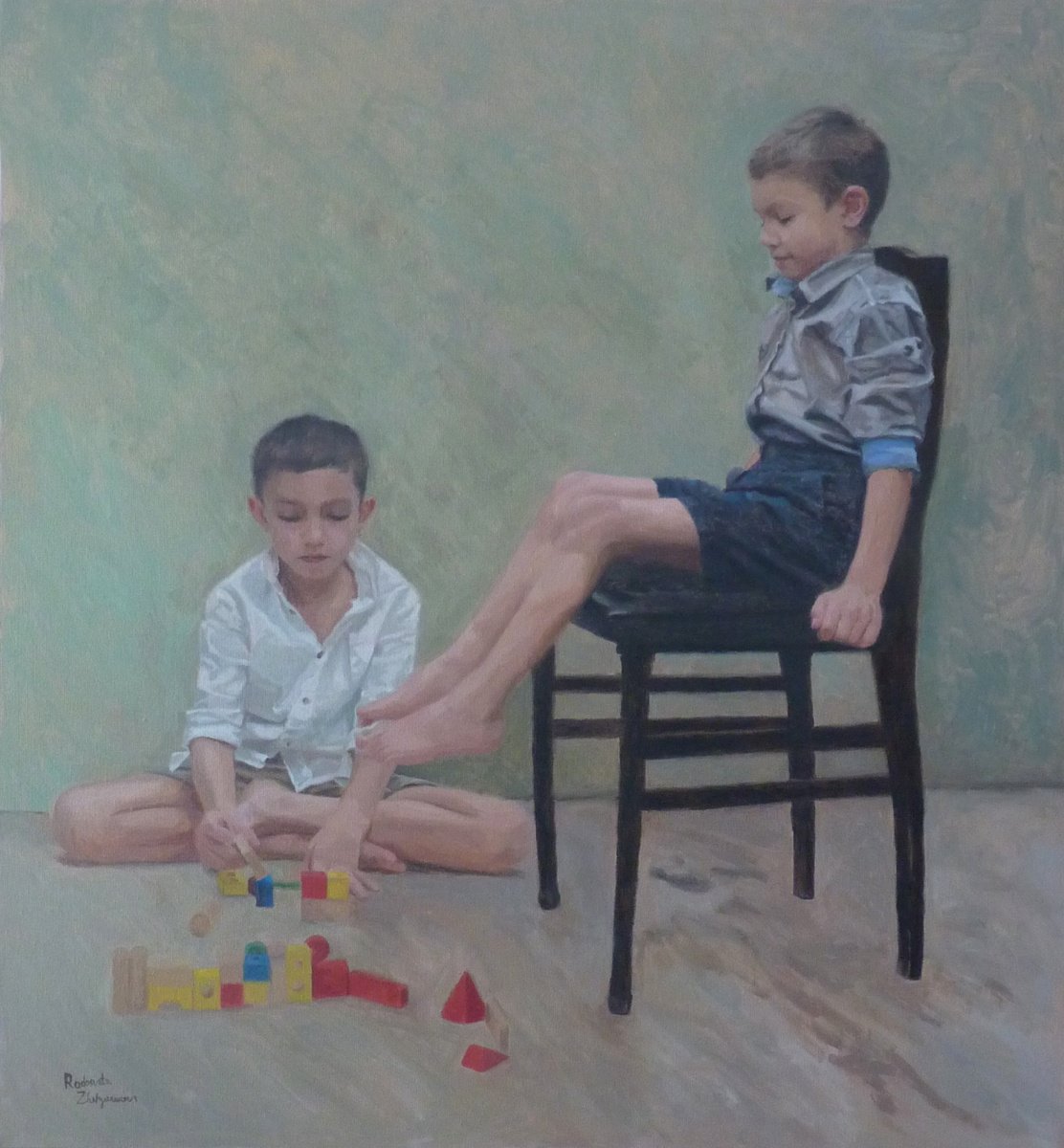 Impressionistic Portrait Oil Painting By Radosveta Zhelyazkova, 26 X 28", Two Boys, Original Artwork