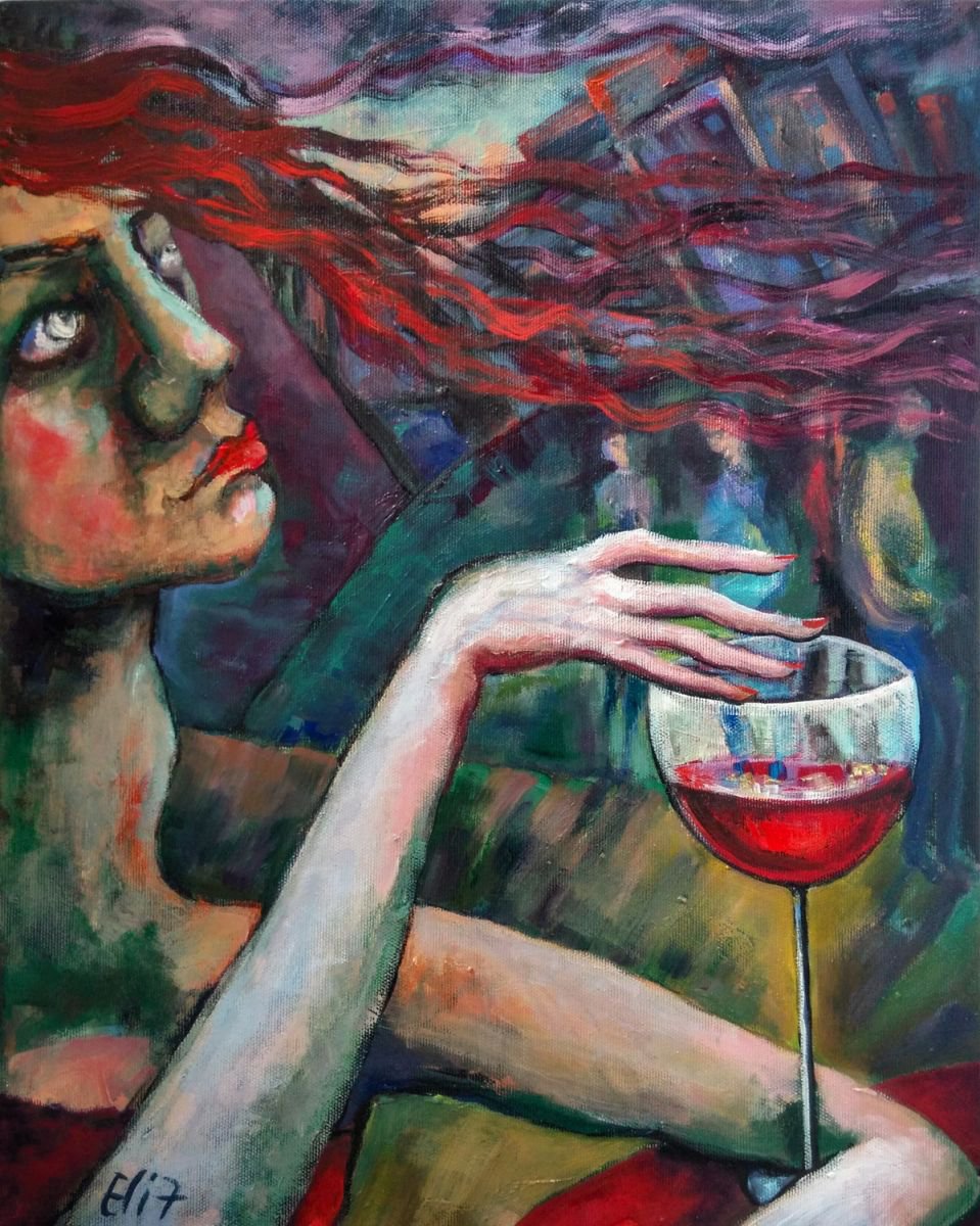 Expressive Portrait Acrylic Painting By Elisheva Nesis, 16 X 20, Tango With A Wineglass, Original Artwork