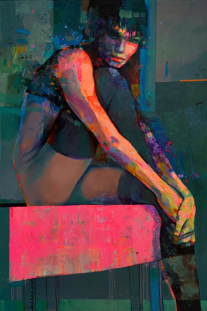 Urban And Pop Portrait Oil Painting By Victor Sheleg, 31 X 47", Pink Flamingo, Original Artwork