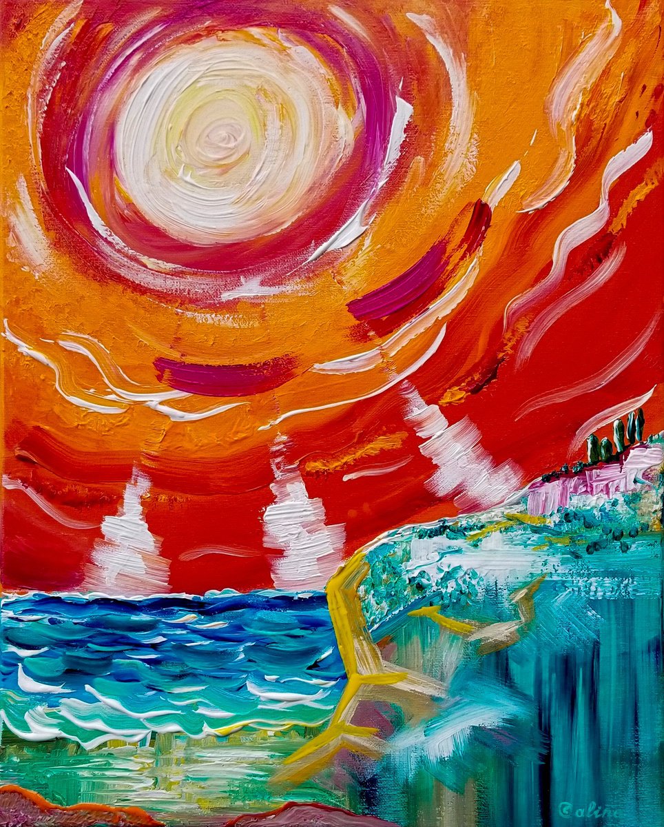 Abstract Landscape Acrylic Painting By Galina Victoria, 16 X 20, Turquoise Landscape Sunlight, Original Artwork