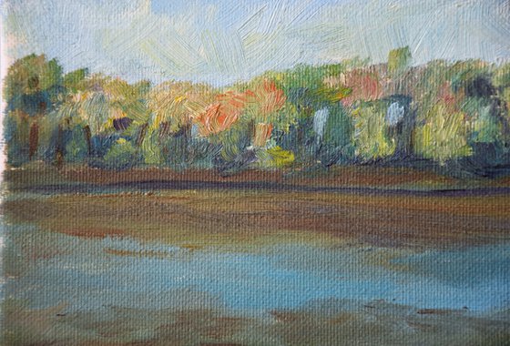 River landscape oil painting on canvas, spring forest painting