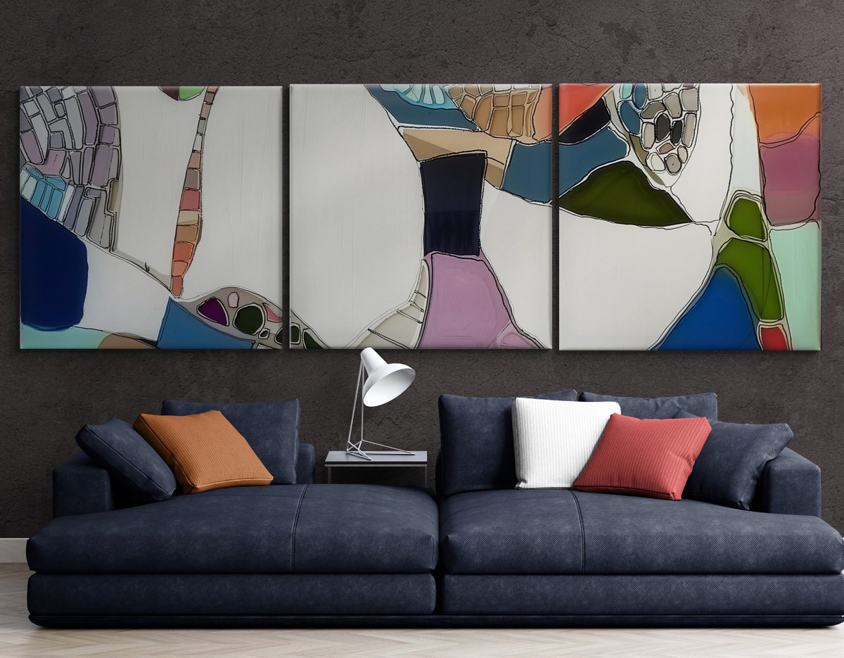 Abstract Acrylic Painting By V+V Kniazievi, 118 X 39", Rhythms Of Freedom #3, Original Artwork