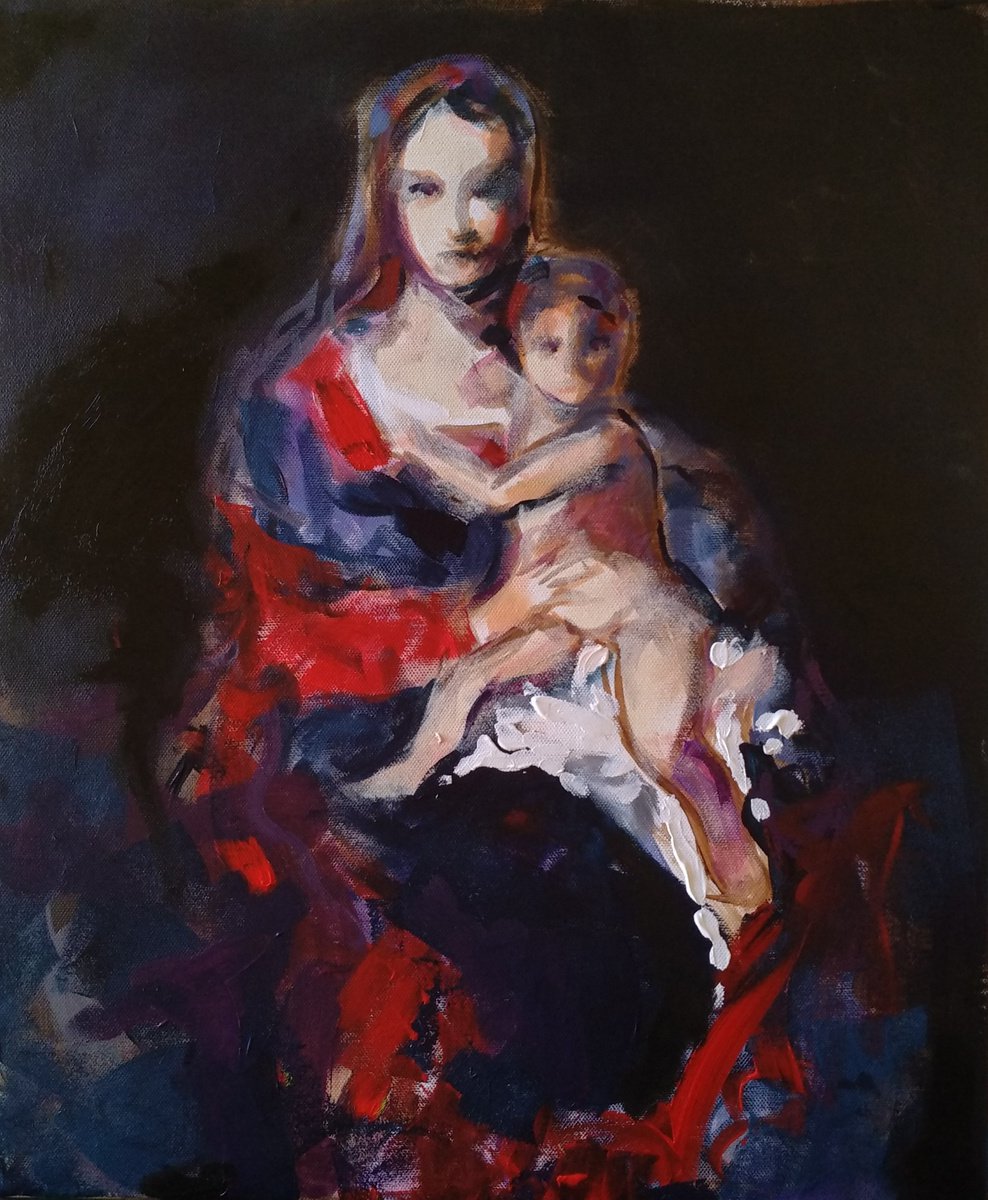 Expressive Portrait Acrylic Painting By Marina Del Pozo, 18 X 22", Pequena Madonna 3, Original Artwork