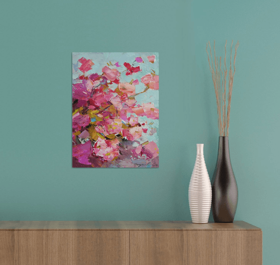 Moments of beauty. Sakura . Blossoming branches on a turquoise Original oil painting