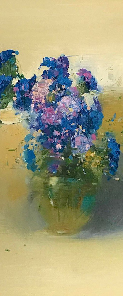 Blue Flowers, Oil painting, One of a kind, Handmade artwork by Vahe Yeremyan