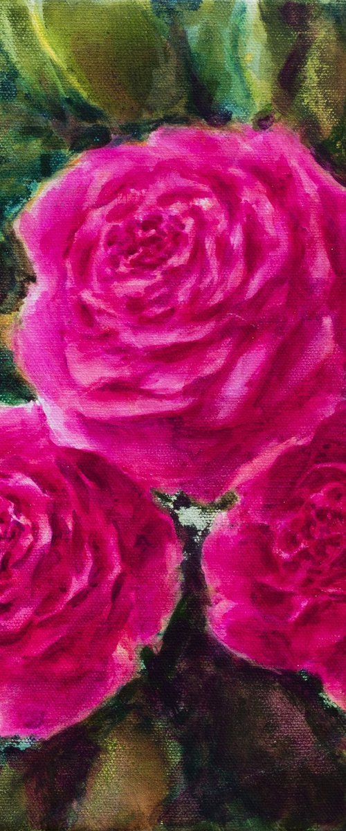 Three roses - small size floral painting - 30X30 cm Pink magenta green garden still life interior decoration home design affordable art by Fabienne Monestier