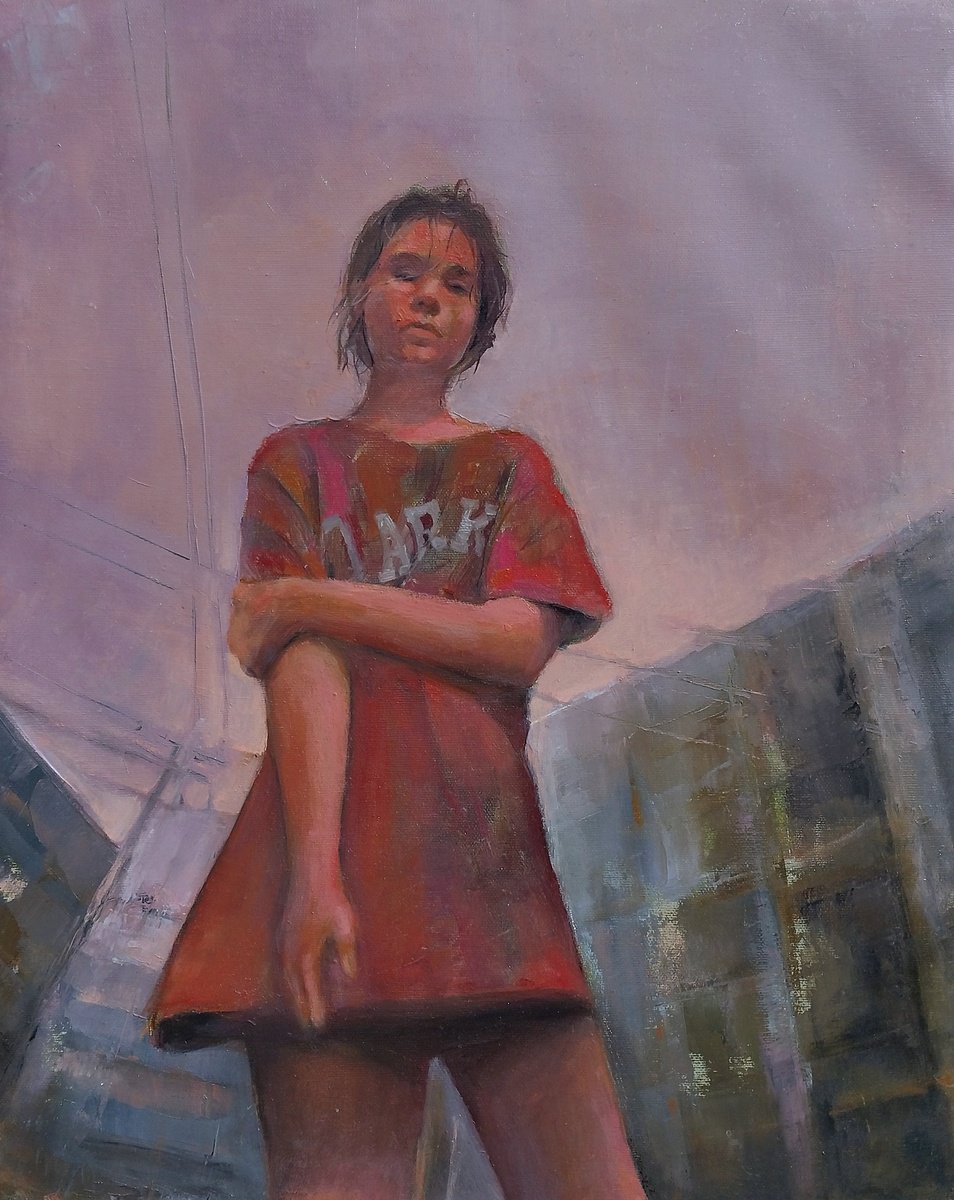 Impressionistic Portrait Oil Painting By Kamsar Ohanyan, 16 X 20", Beneath The Dark Sky, Original Artwork