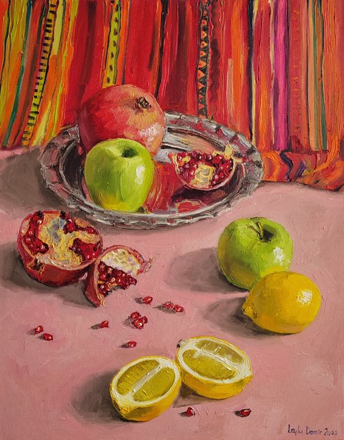 Lemon, apple and pomegranate fruit still life original oil painting 16x20'' by Leyla Demir