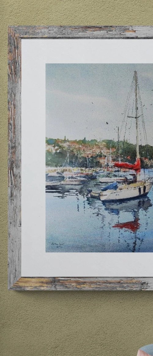 Croatia Opatija sailboat port watercolor painting (2023), Nautical wall art, Mediterranean Europe Impressionistic by Larisa Carli
