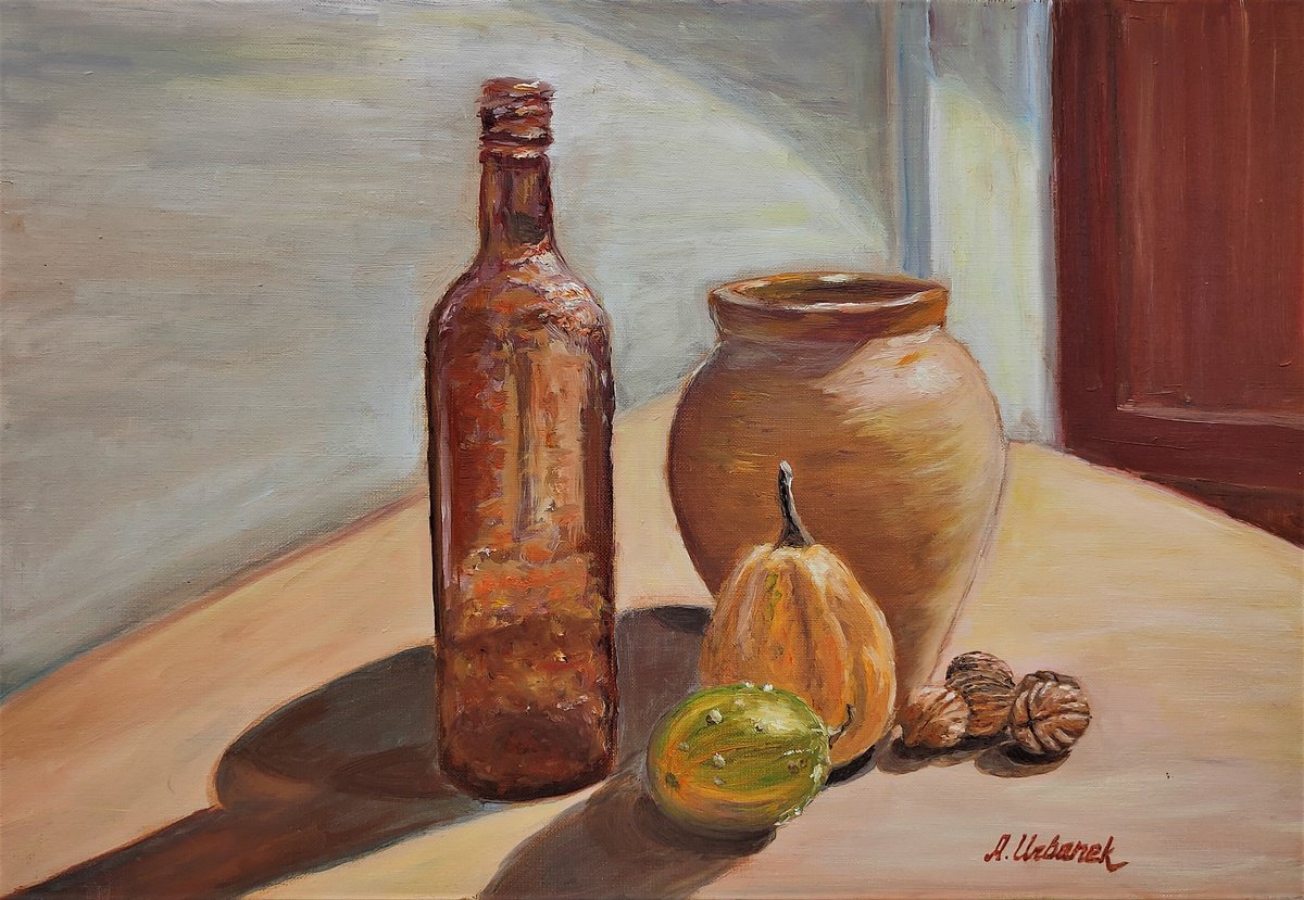 Impressionistic Still Life Oil Painting By Albina Urbanek, 22 X 15, Walnut Still Life, Original Artwork