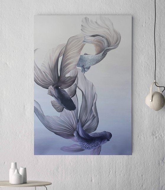 "Carps" Abstract purple blue fish art